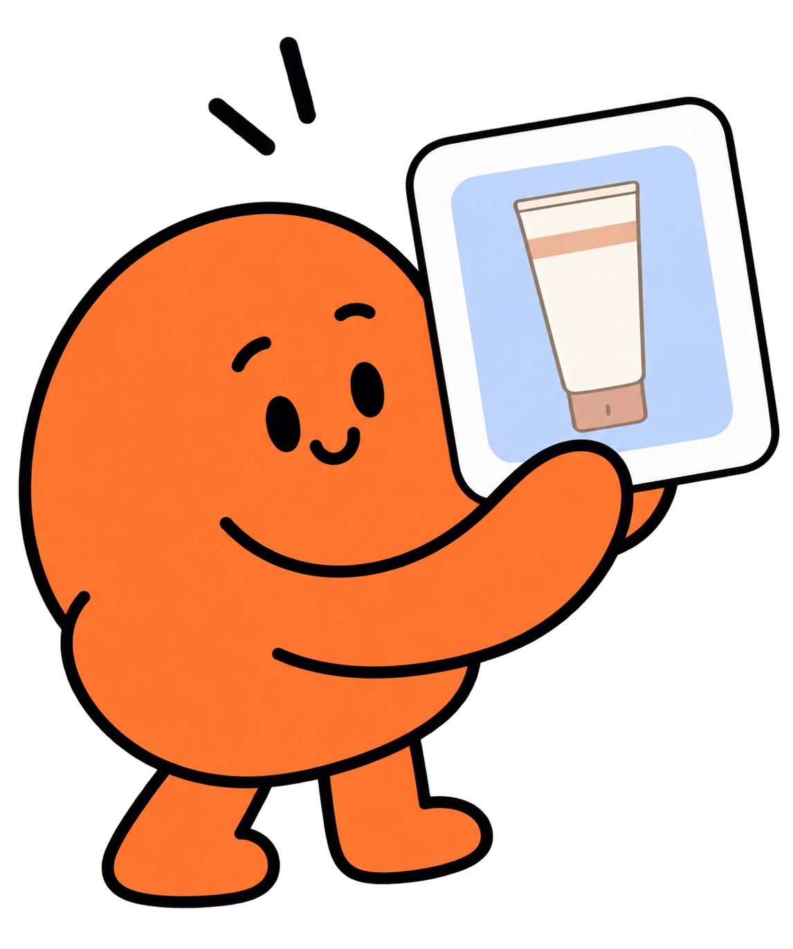 A friendly brand character holding a skincare product brief