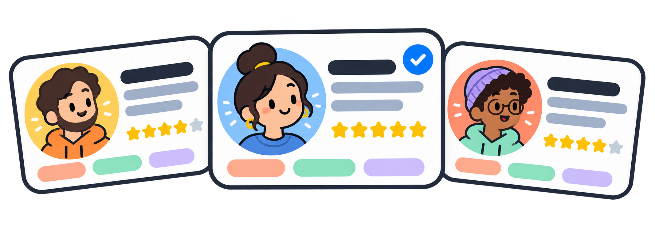 Three complete creator profile cards with one selected